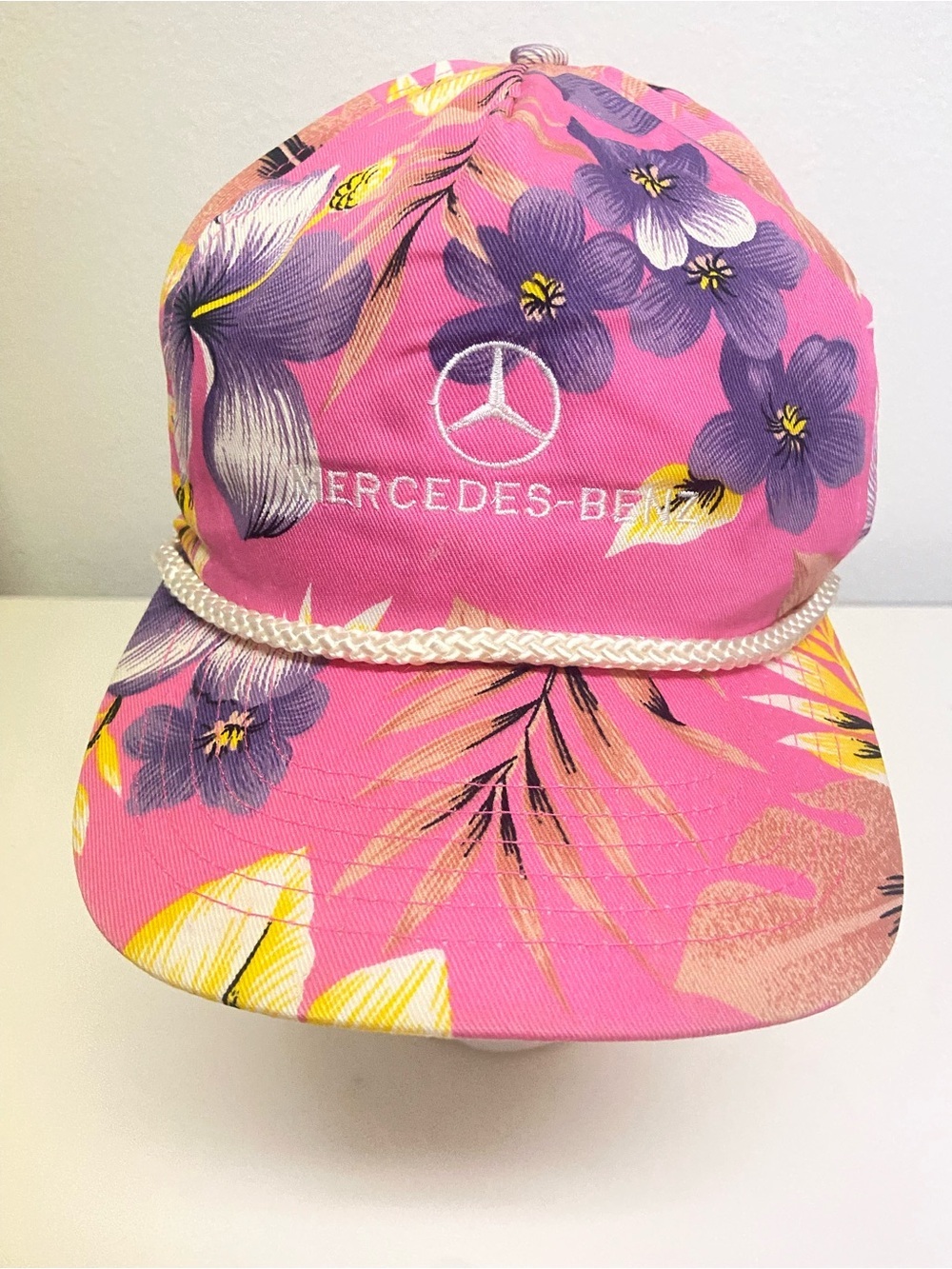 Pink Hawaiian Floral Mercedes Benz Trucker Hat Cap SnapBack San Sun White Rope